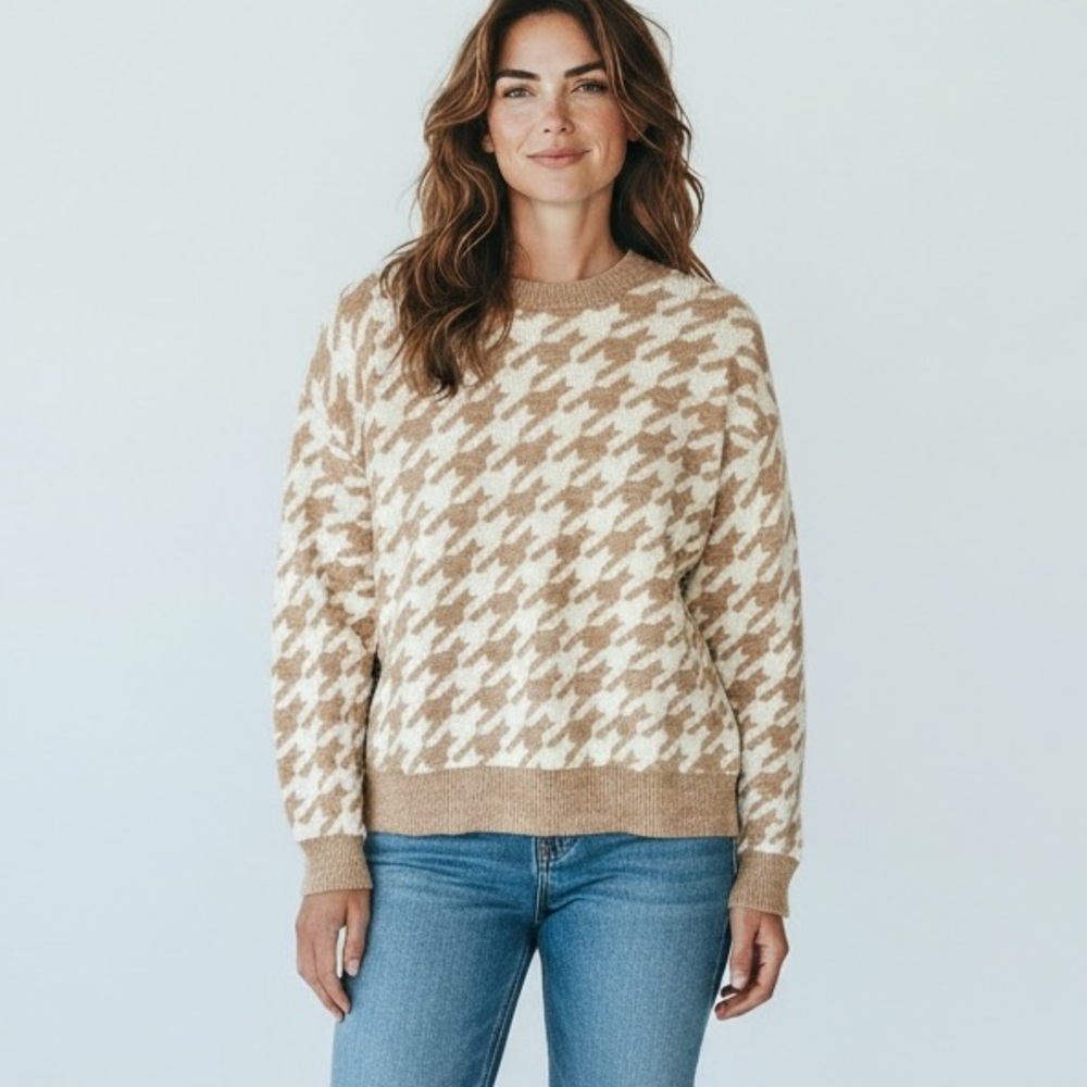 Listicle Taupe Houndstooth Pullover Knit Sweater Women’s Size Medium - Picture 3 of 11